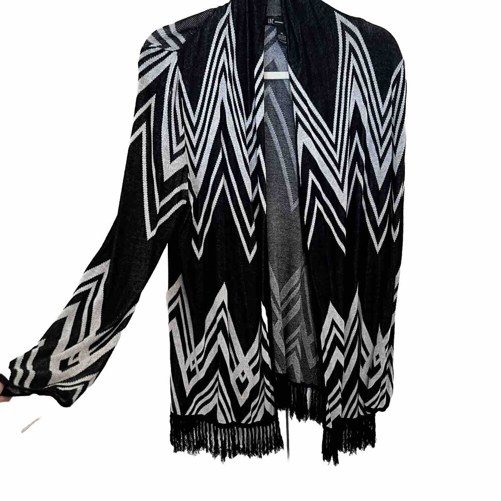 INC International Concepts Black White Chevron Print Fringed Open Cardigan XL - Picture 2 of 9
